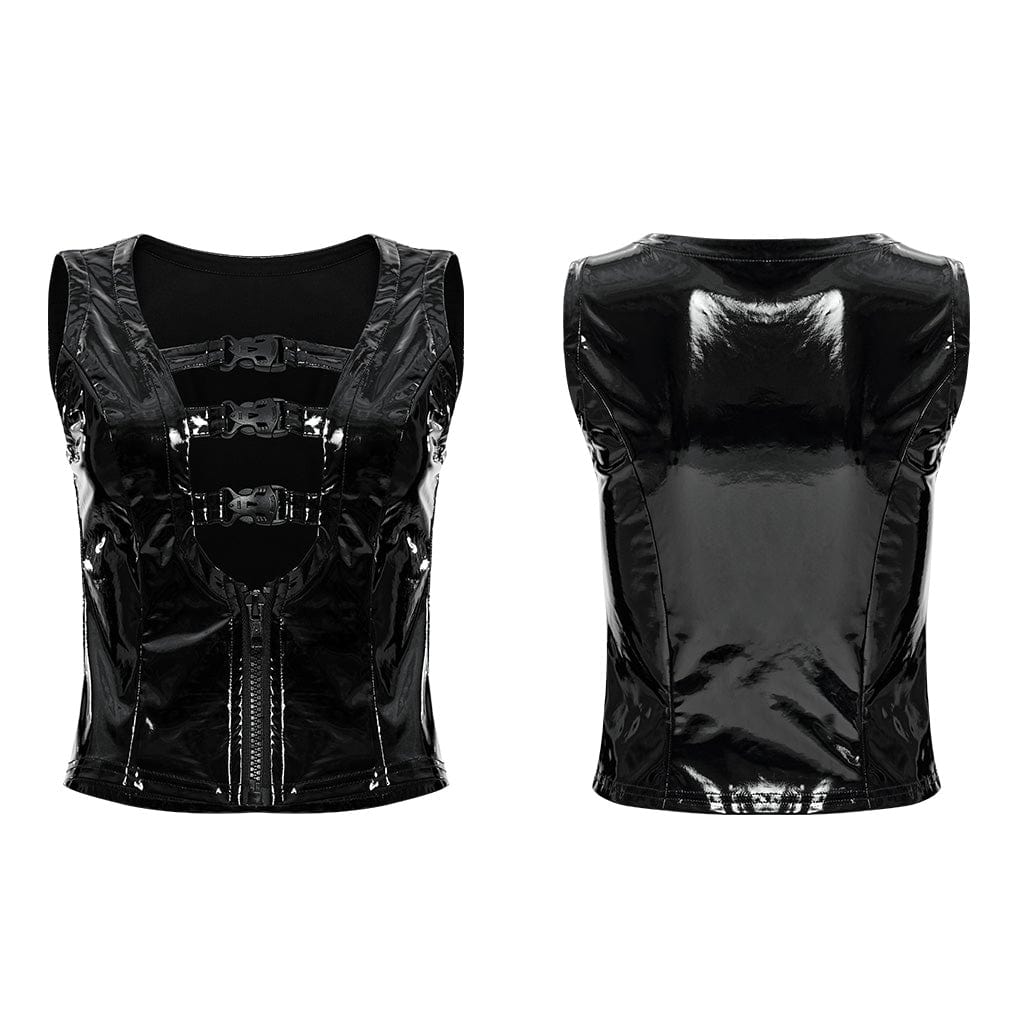 PUNK RAVE Women's Punk Plunging Buckles Patent Leather Vest