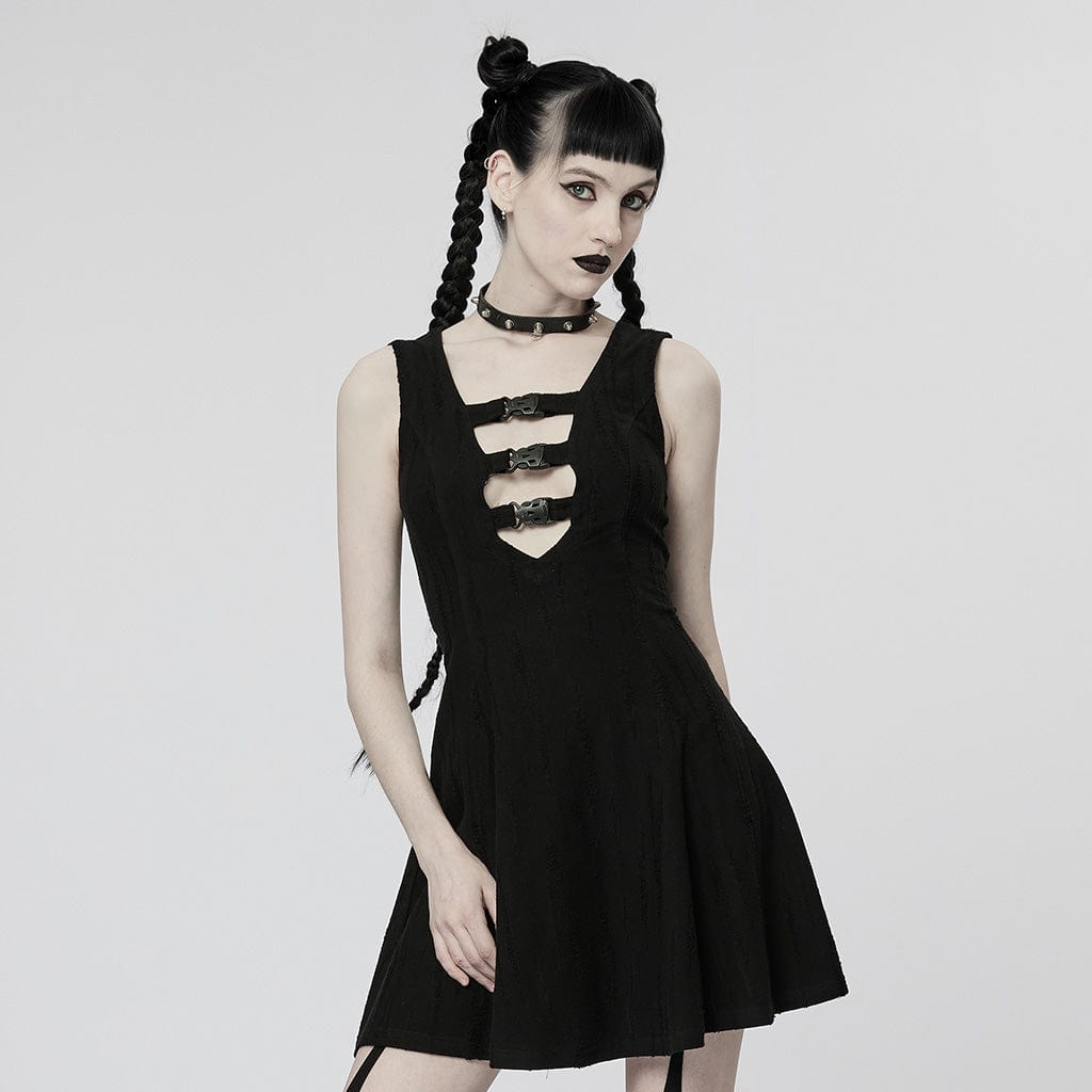 PUNK RAVE Women's Punk Plunging Buckles Sleeveless Dress