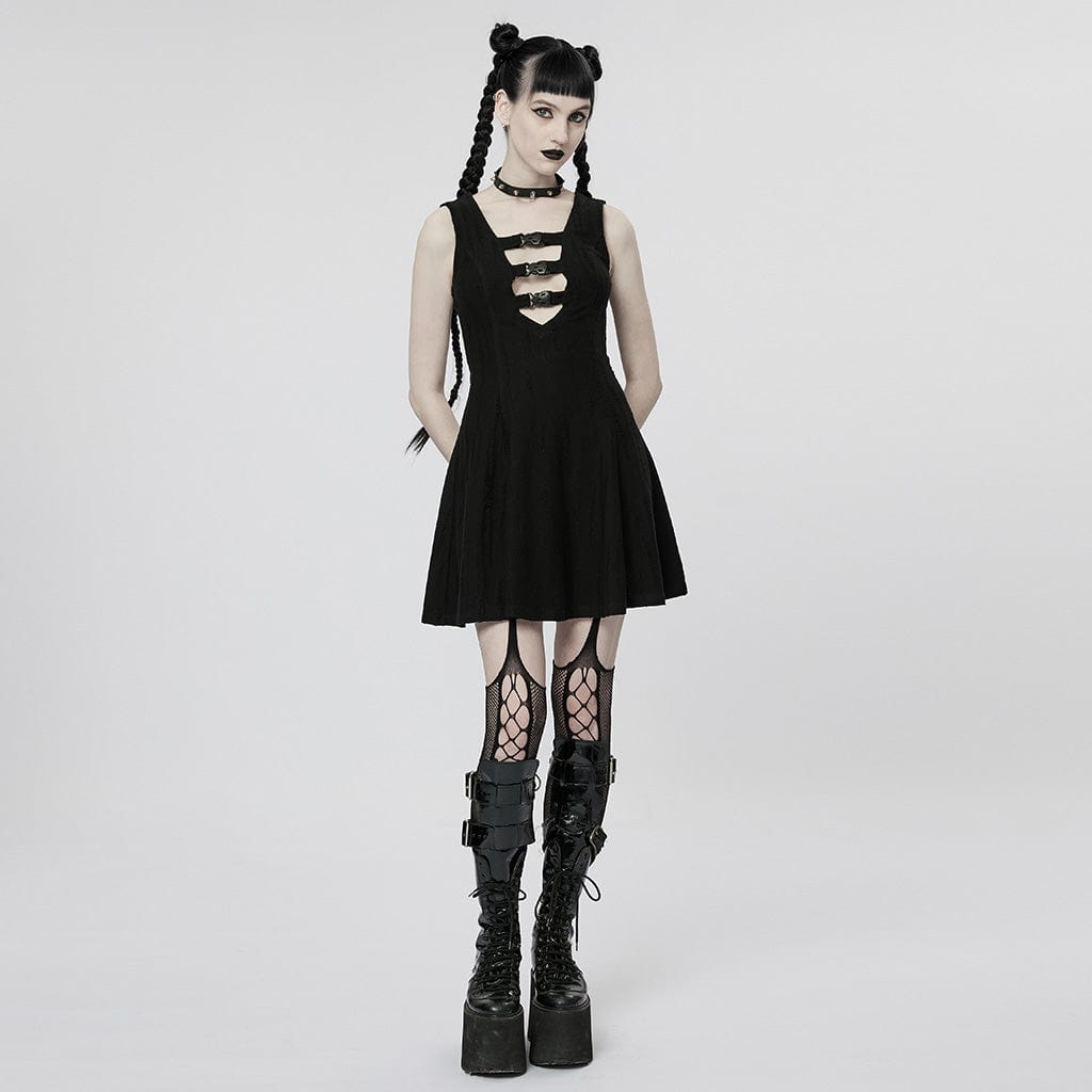 PUNK RAVE Women's Punk Plunging Buckles Sleeveless Dress