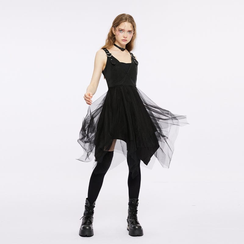 PUNK RAVE Women's Punk Plunging Irregular Mesh Splice Slip Dress