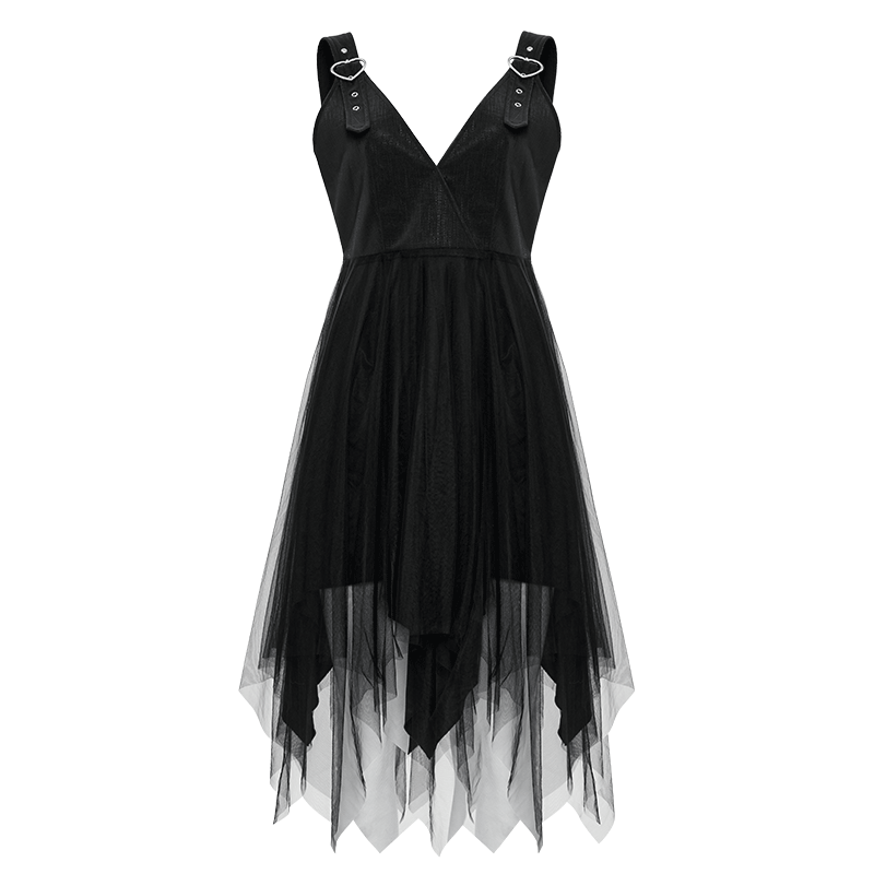 PUNK RAVE Women's Punk Plunging Irregular Mesh Splice Slip Dress