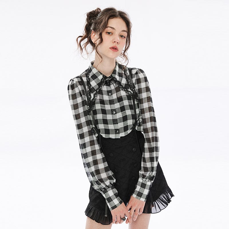 Punk Rave Women's Punk Puff Sleeved Sheer Plaid Chiffon Shirt