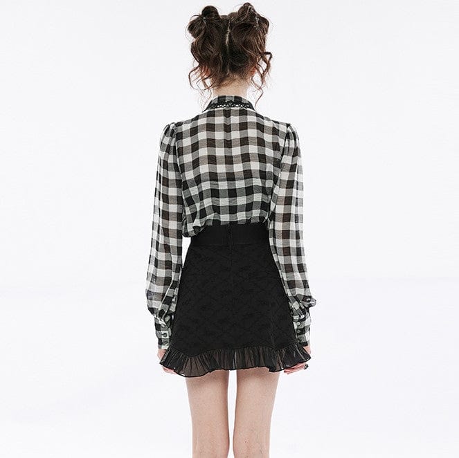 Punk Rave Women's Punk Puff Sleeved Sheer Plaid Chiffon Shirt