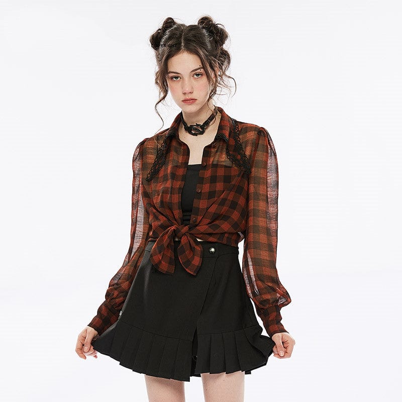 Punk Rave Women's Punk Puff Sleeved Sheer Plaid Chiffon Shirt