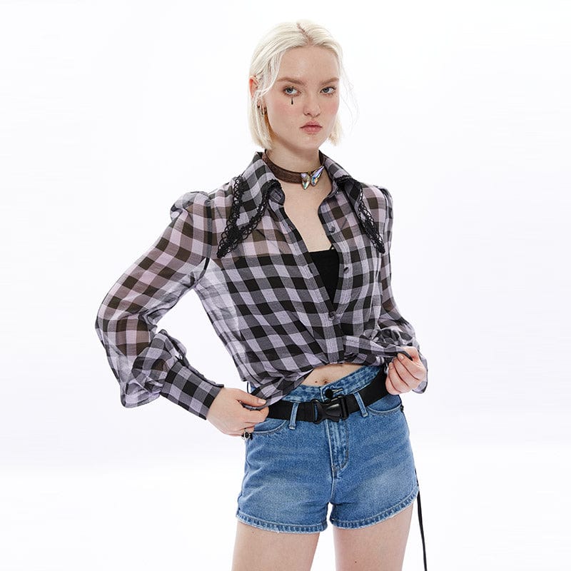 Punk Rave Women's Punk Puff Sleeved Sheer Plaid Chiffon Shirt