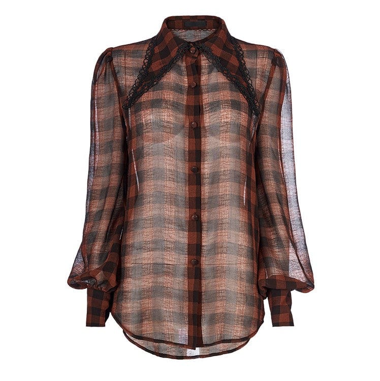 Punk Rave Women's Punk Puff Sleeved Sheer Plaid Chiffon Shirt