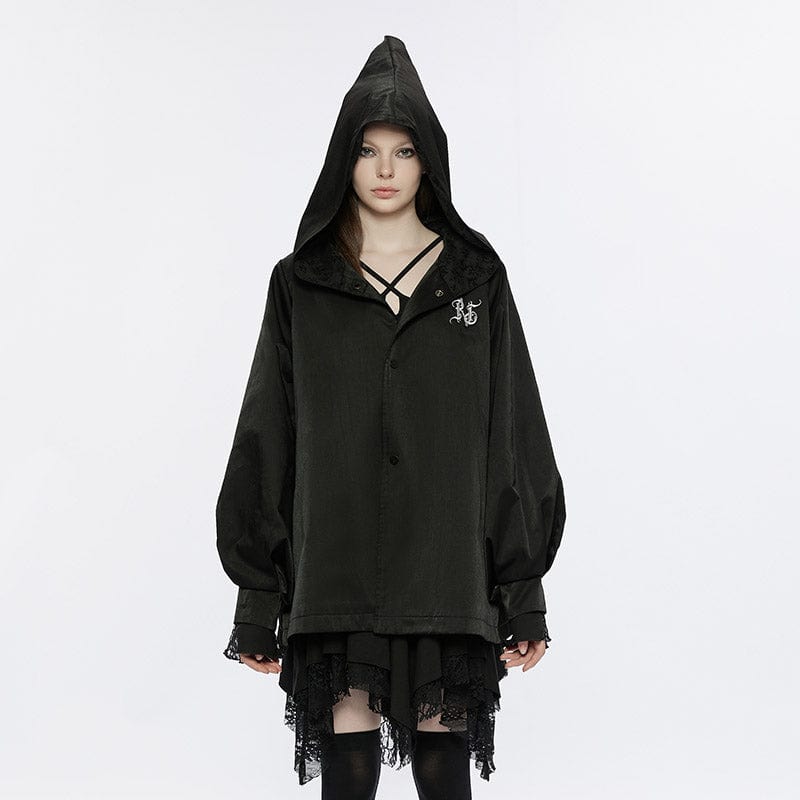 PUNK RAVE Women's Punk Puff Sleeved Wizard Hood Coat with Belt