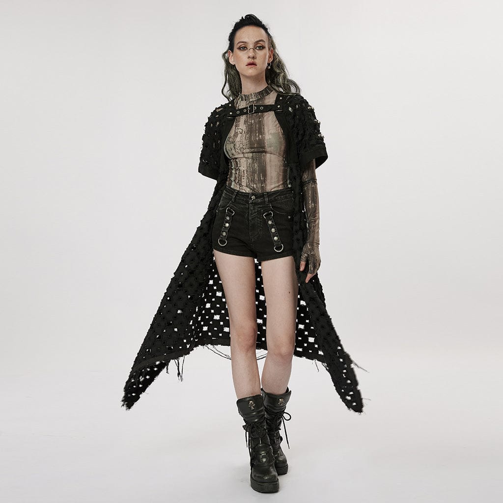 PUNK RAVE Women's Punk Ripped Buckle Cardigan