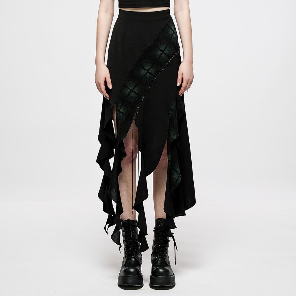 Punk Rave Women's Punk Ripped Green Plaid Irregular Hem Skirt