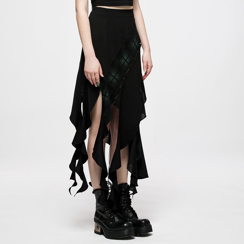 Punk Rave Women's Punk Ripped Green Plaid Irregular Hem Skirt