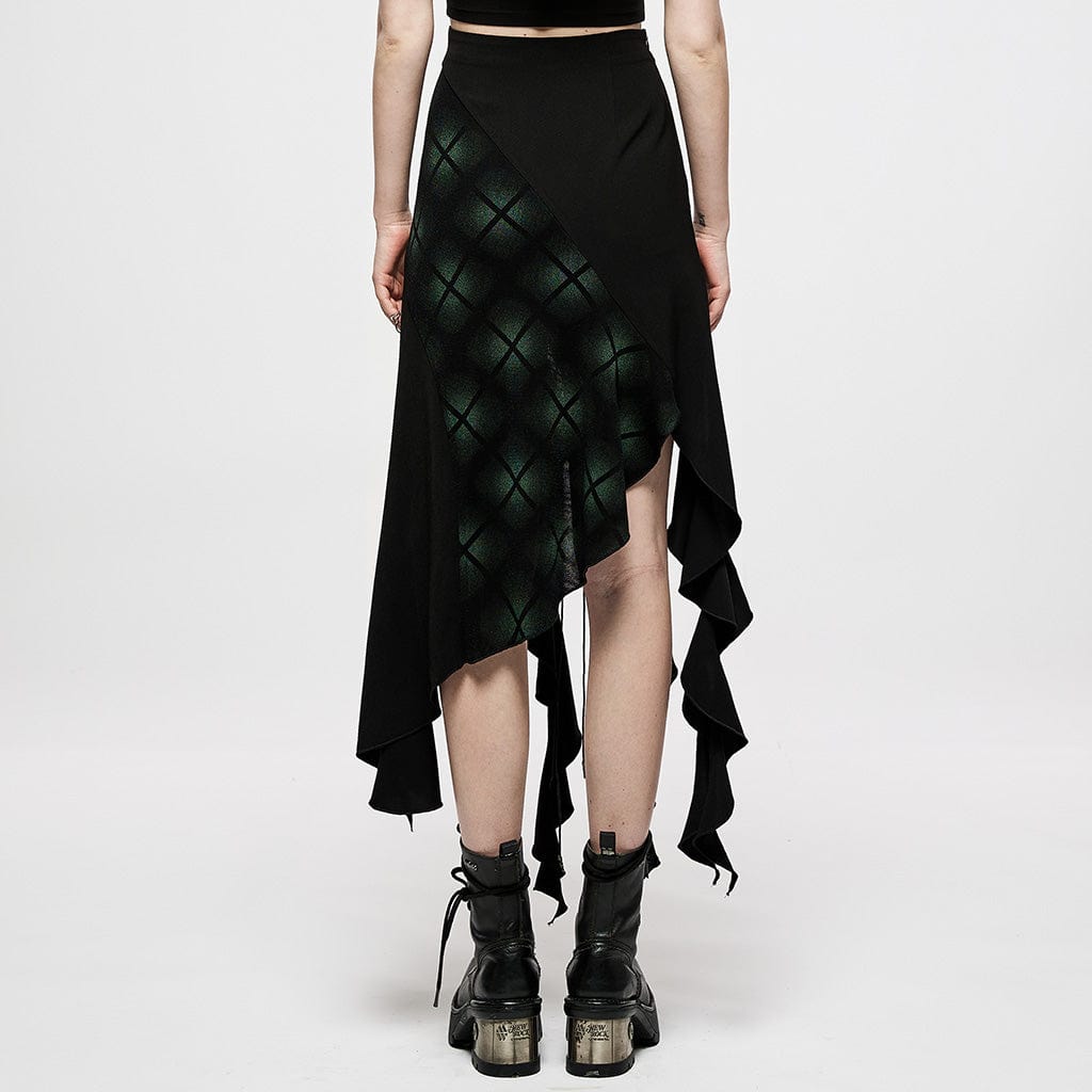 Punk Rave Women's Punk Ripped Green Plaid Irregular Hem Skirt