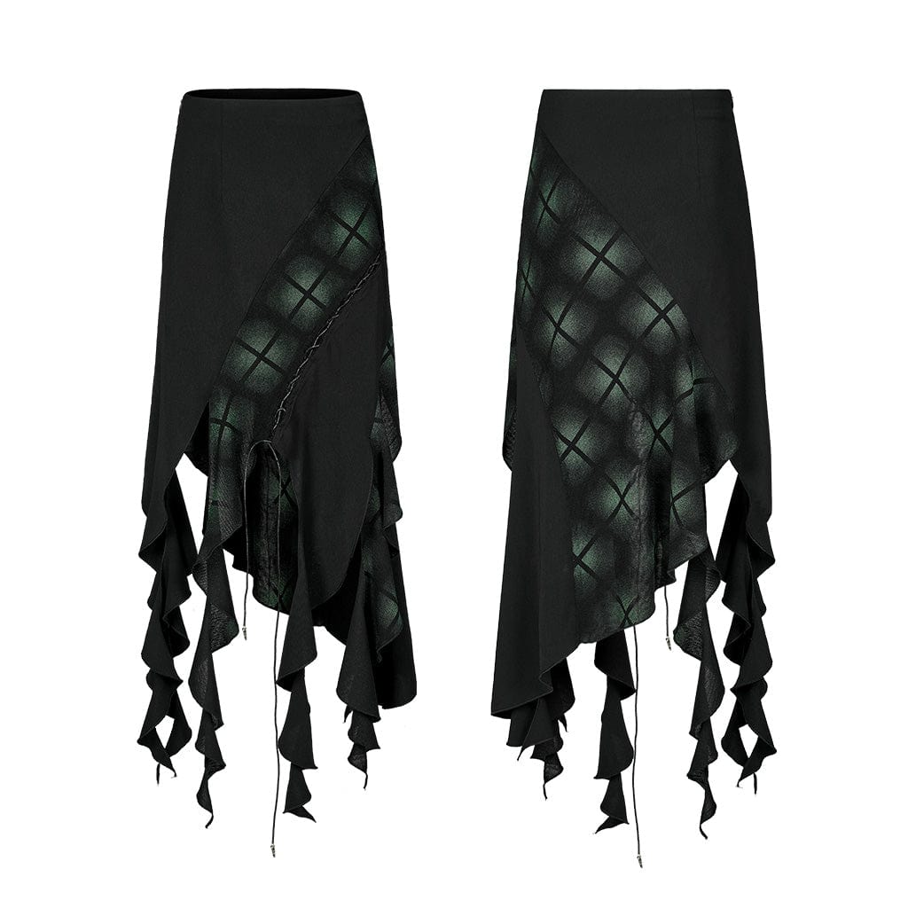 Punk Rave Women's Punk Ripped Green Plaid Irregular Hem Skirt