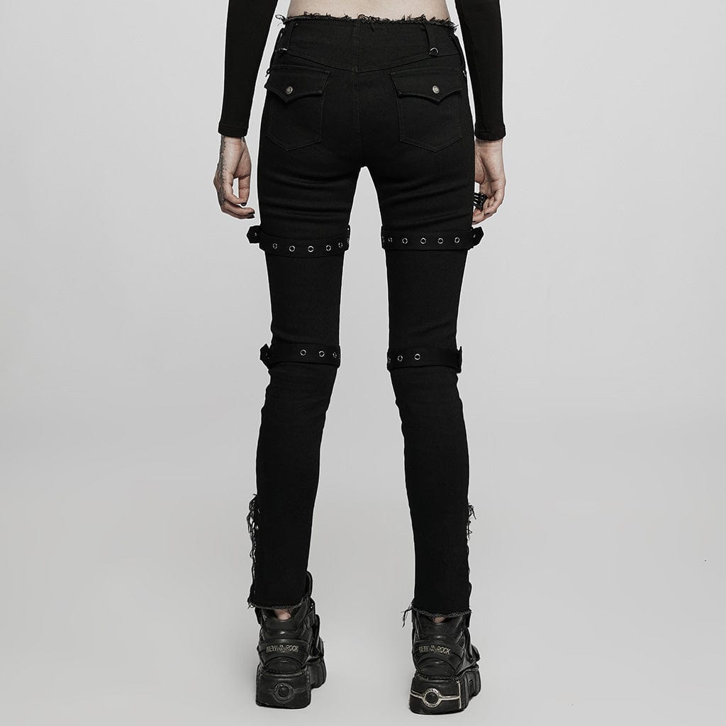 PUNK RAVE Women's Punk Ripped Straps Skinny Jeans