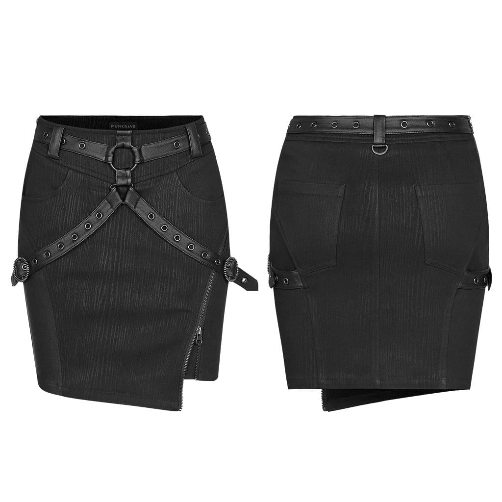 Women's Punk Side Slit Buckles Skirt