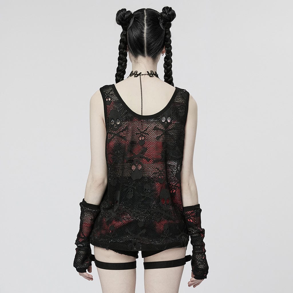 PUNK RAVE Women's Punk Skull Mesh Tank Top with Oversleeves