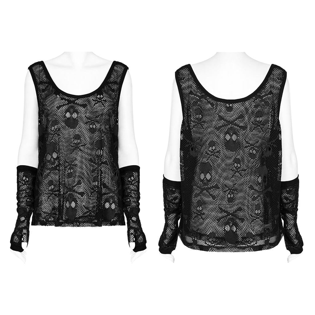 PUNK RAVE Women's Punk Skull Mesh Tank Top with Oversleeves