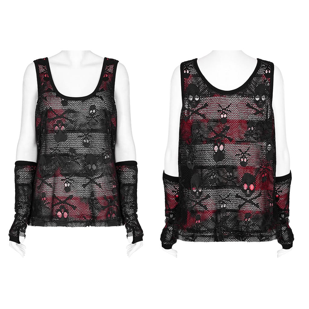 PUNK RAVE Women's Punk Skull Mesh Tank Top with Oversleeves