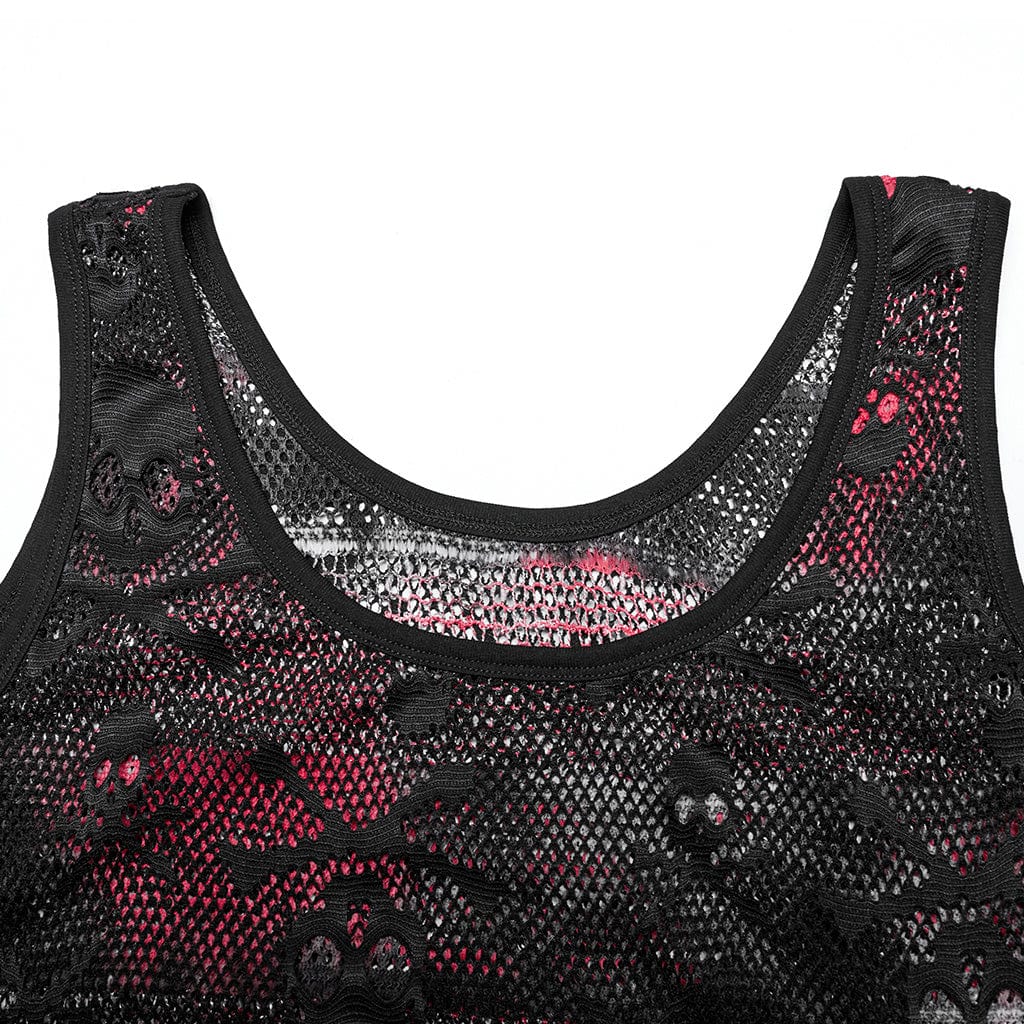 PUNK RAVE Women's Punk Skull Mesh Tank Top with Oversleeves