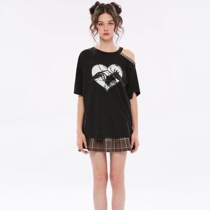 Punk Rave Women's Punk Skull Printed Slash Shoulder Casual Tee