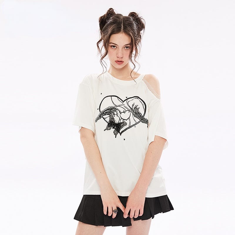 Punk Rave Women's Punk Skull Printed Slash Shoulder Casual Tee