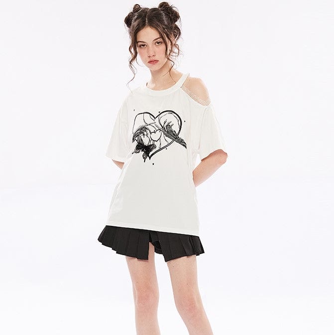 Punk Rave Women's Punk Skull Printed Slash Shoulder Casual Tee