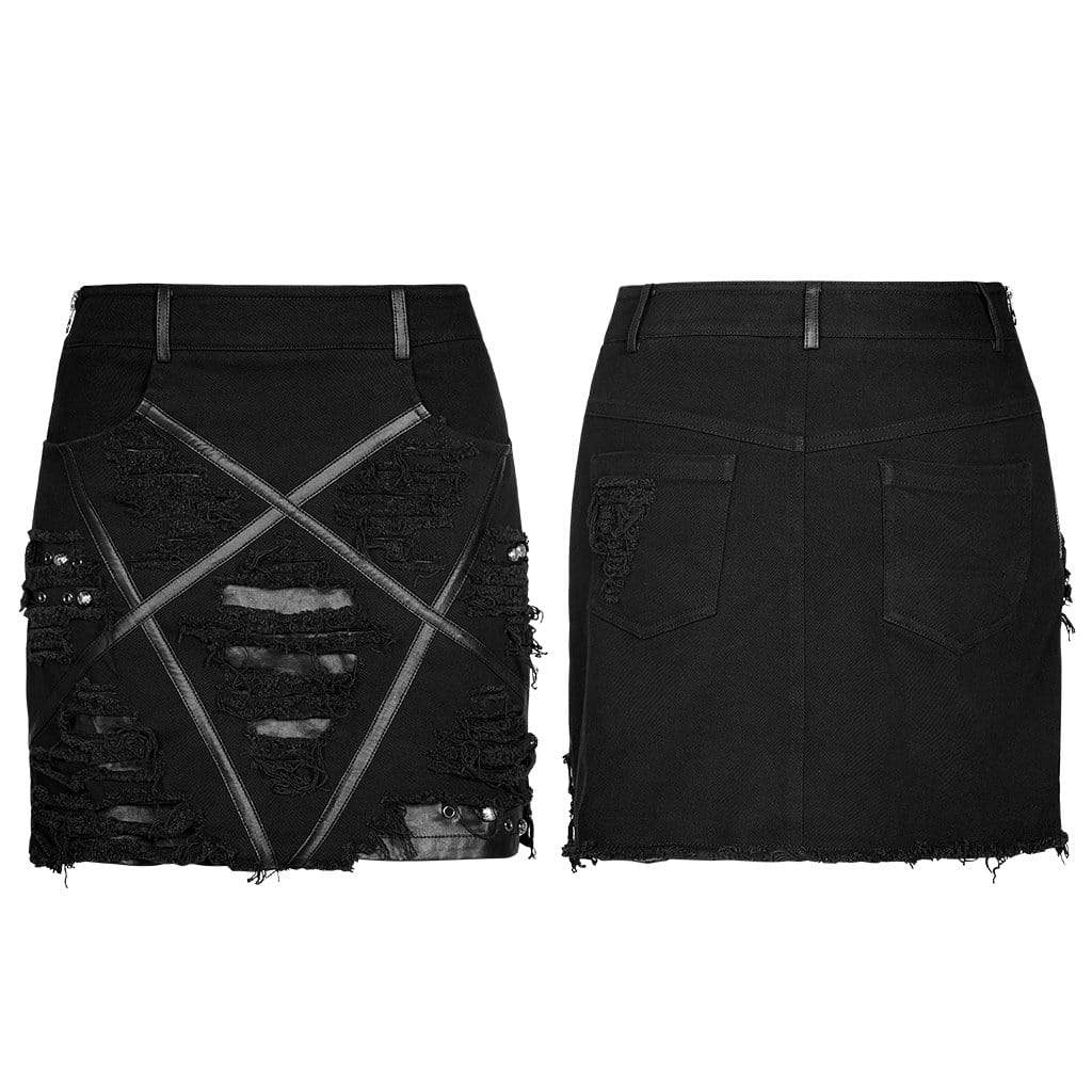 Women's Punk Slim Fitted Ripped Denim Skirt Black