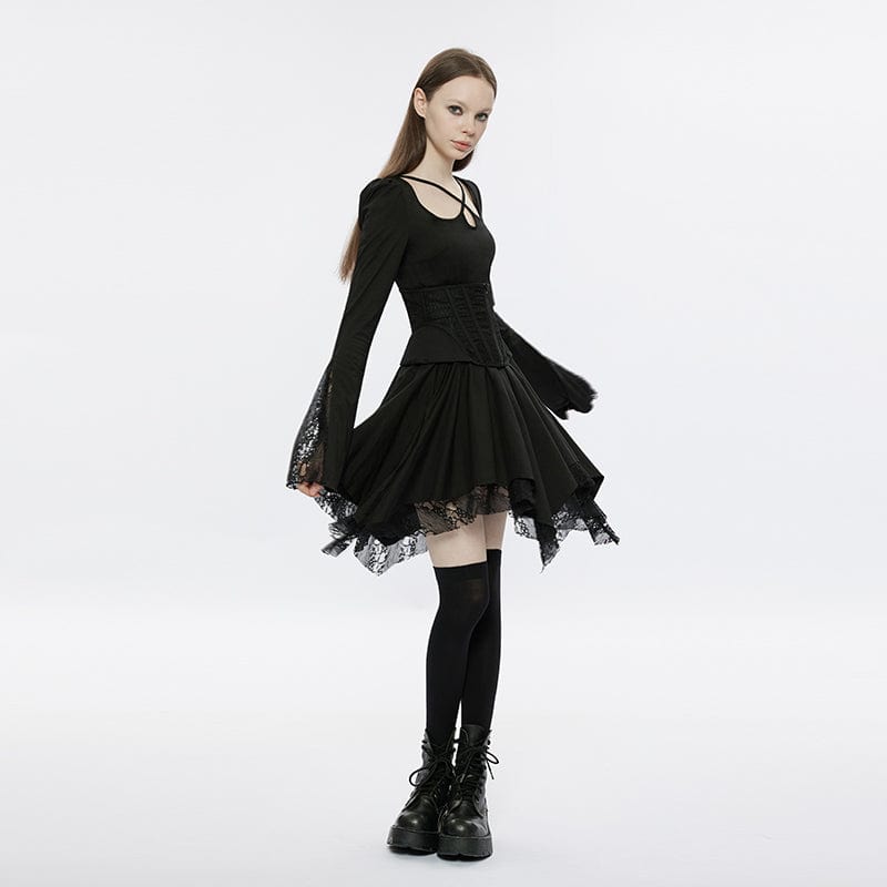 PUNK RAVE Women's Punk Square Collar Flare Sleeved Black Little Dress