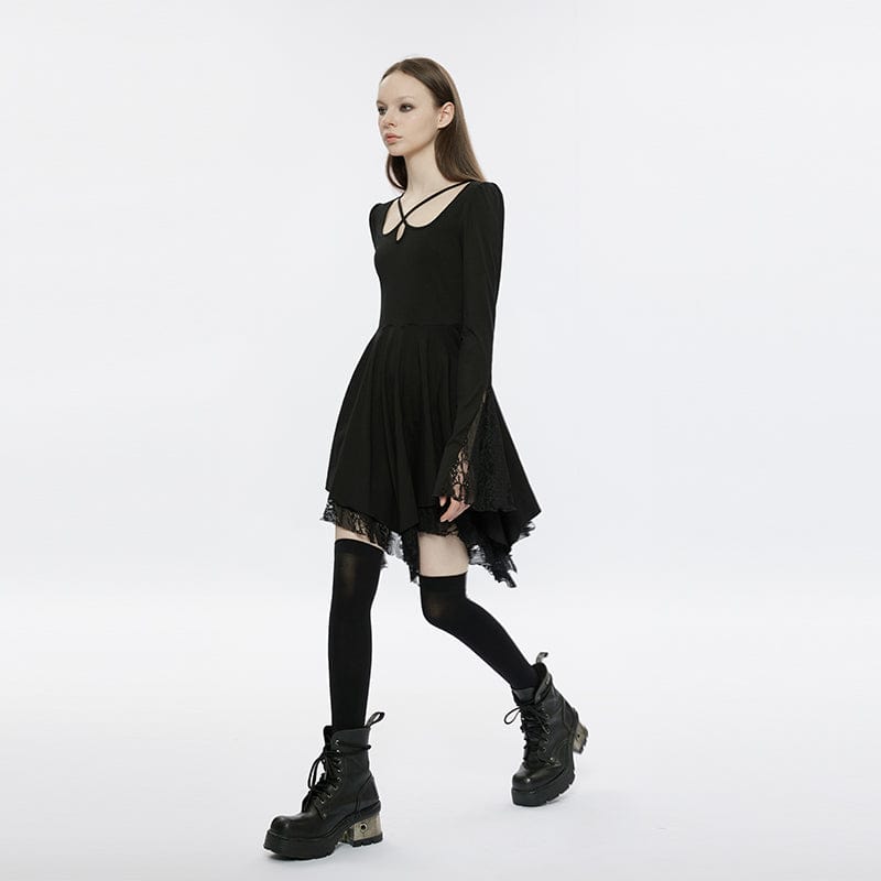 PUNK RAVE Women's Punk Square Collar Flare Sleeved Black Little Dress