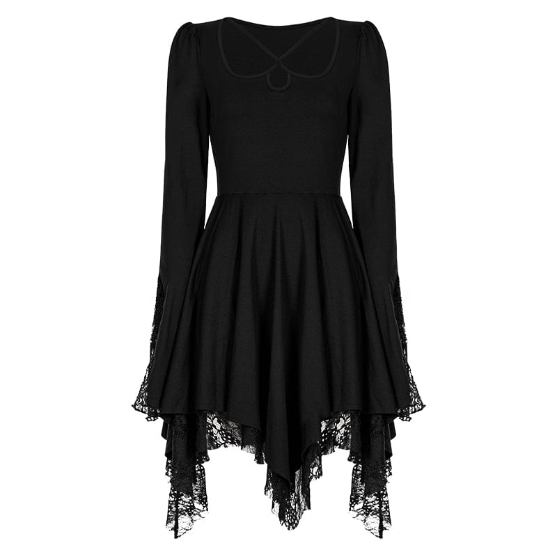 PUNK RAVE Women's Punk Square Collar Flare Sleeved Black Little Dress