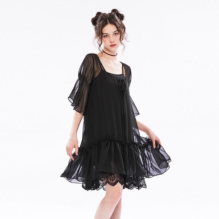 PUNK RAVE Women's Punk Square Collar Two-piece Ruffles Chiffon Dress