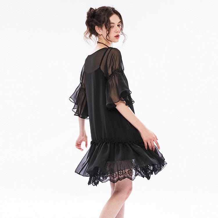 PUNK RAVE Women's Punk Square Collar Two-piece Ruffles Chiffon Dress