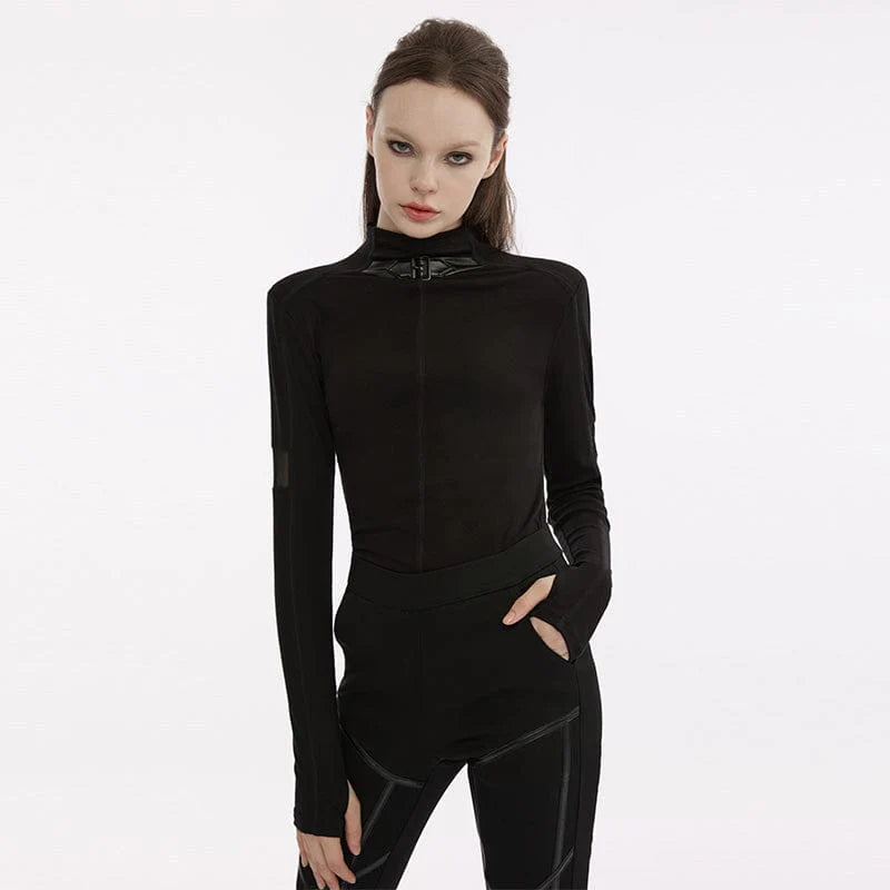 PUNK RAVE Women's Punk Stand Collar Buckle Shirt