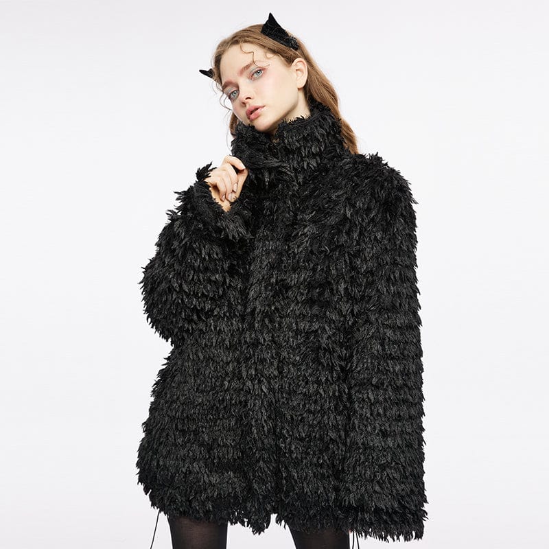 PUNK RAVE Women's Punk Stand Collar Drawstring Woolen Coat