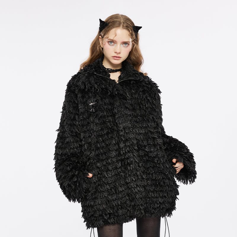 PUNK RAVE Women's Punk Stand Collar Drawstring Woolen Coat