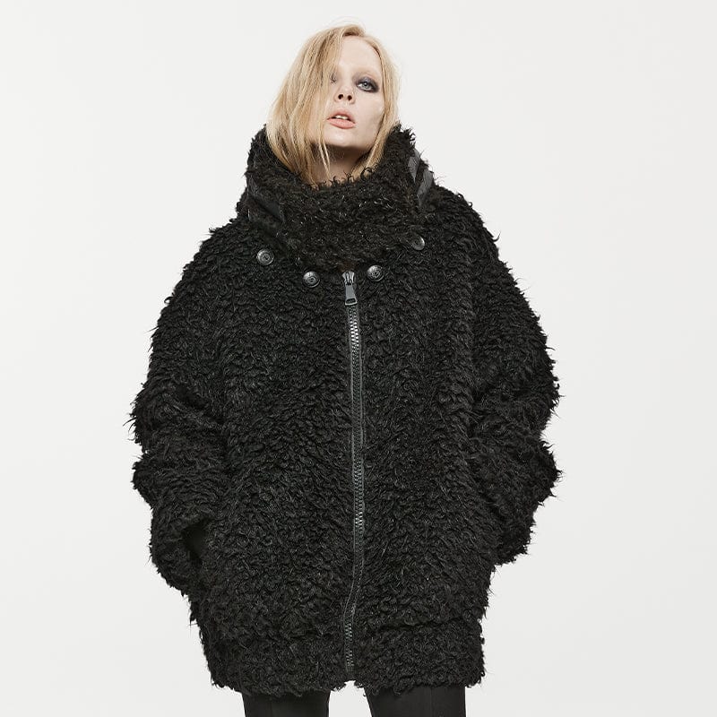 PUNK RAVE Women's Punk Stand Collar Woolen Coat with Hood