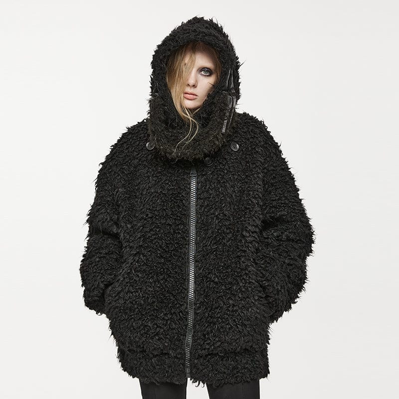 PUNK RAVE Women's Punk Stand Collar Woolen Coat with Hood