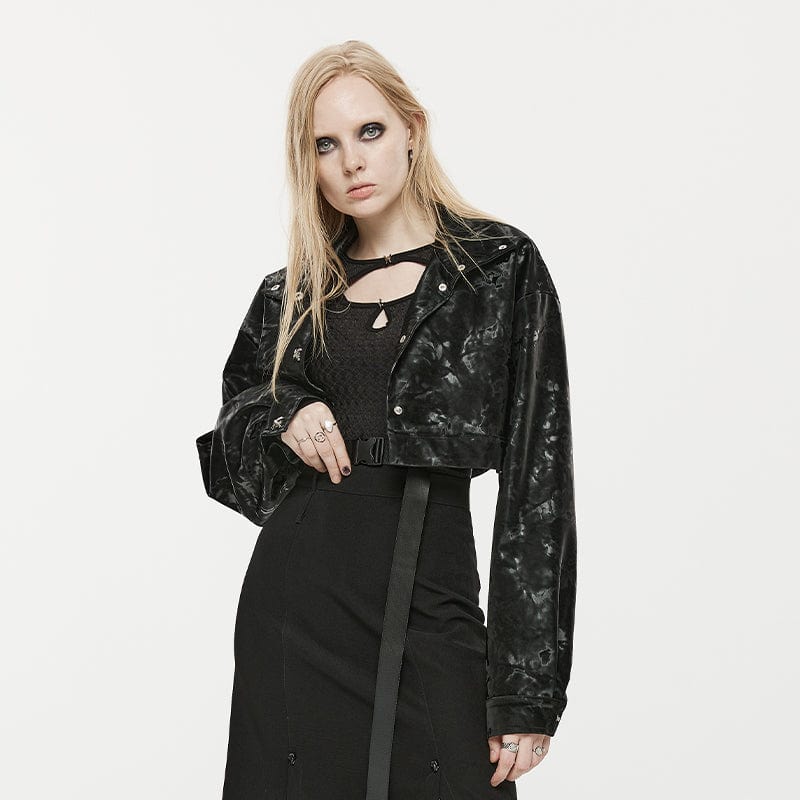 PUNK RAVE Women's Punk Stand Colllar Faux Leather Splice Coat