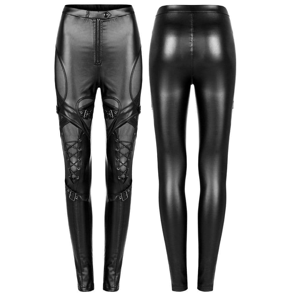 Punk Rave Women's Punk Strappy Mesh Splice Buckle Leggings