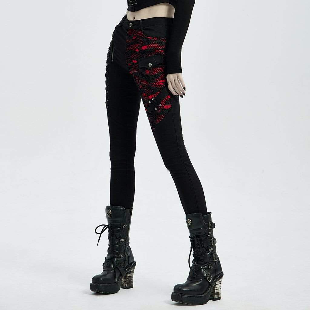 Women's Punk Strappy Mesh Splice Skinny Jeans Red