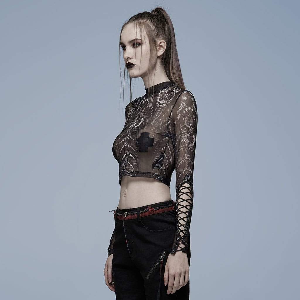 Punk Rave Women's Punk Strappy Skull Printed Sheer Mesh Top