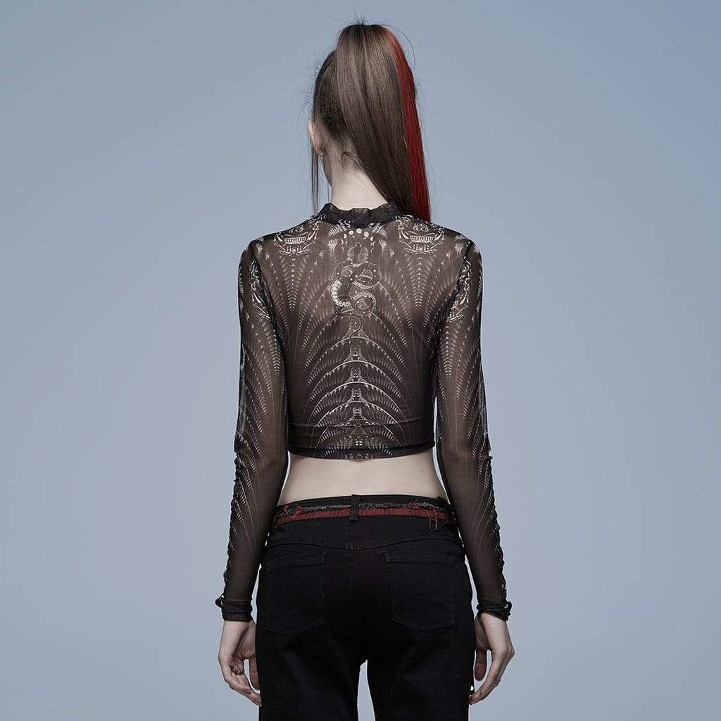 Punk Rave Women's Punk Strappy Skull Printed Sheer Mesh Top