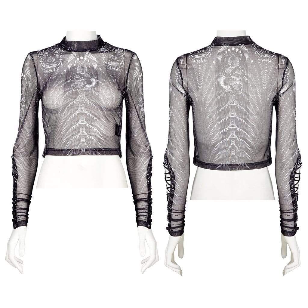 Punk Rave Women's Punk Strappy Skull Printed Sheer Mesh Top
