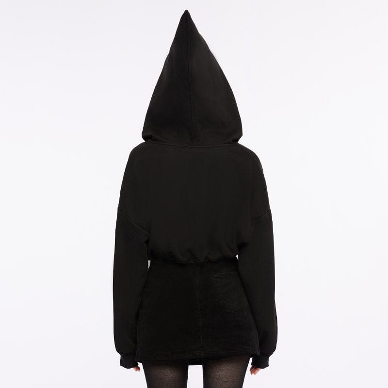 PUNK RAVE Women's Punk Tassels Knot Drawstring Jacket with Witch Hood