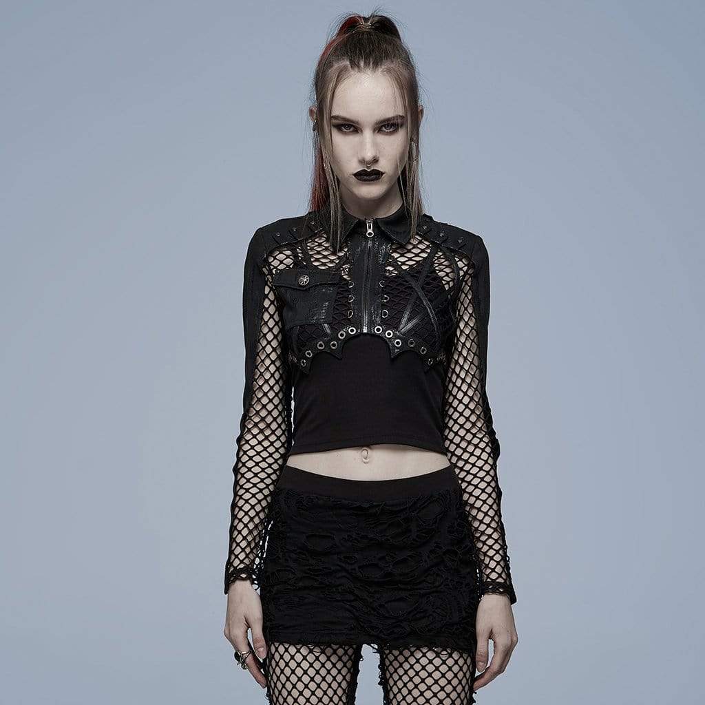 Punk Rave Women's Punk Turn-down Collar Mesh Splice Long Sleeved Crop Top