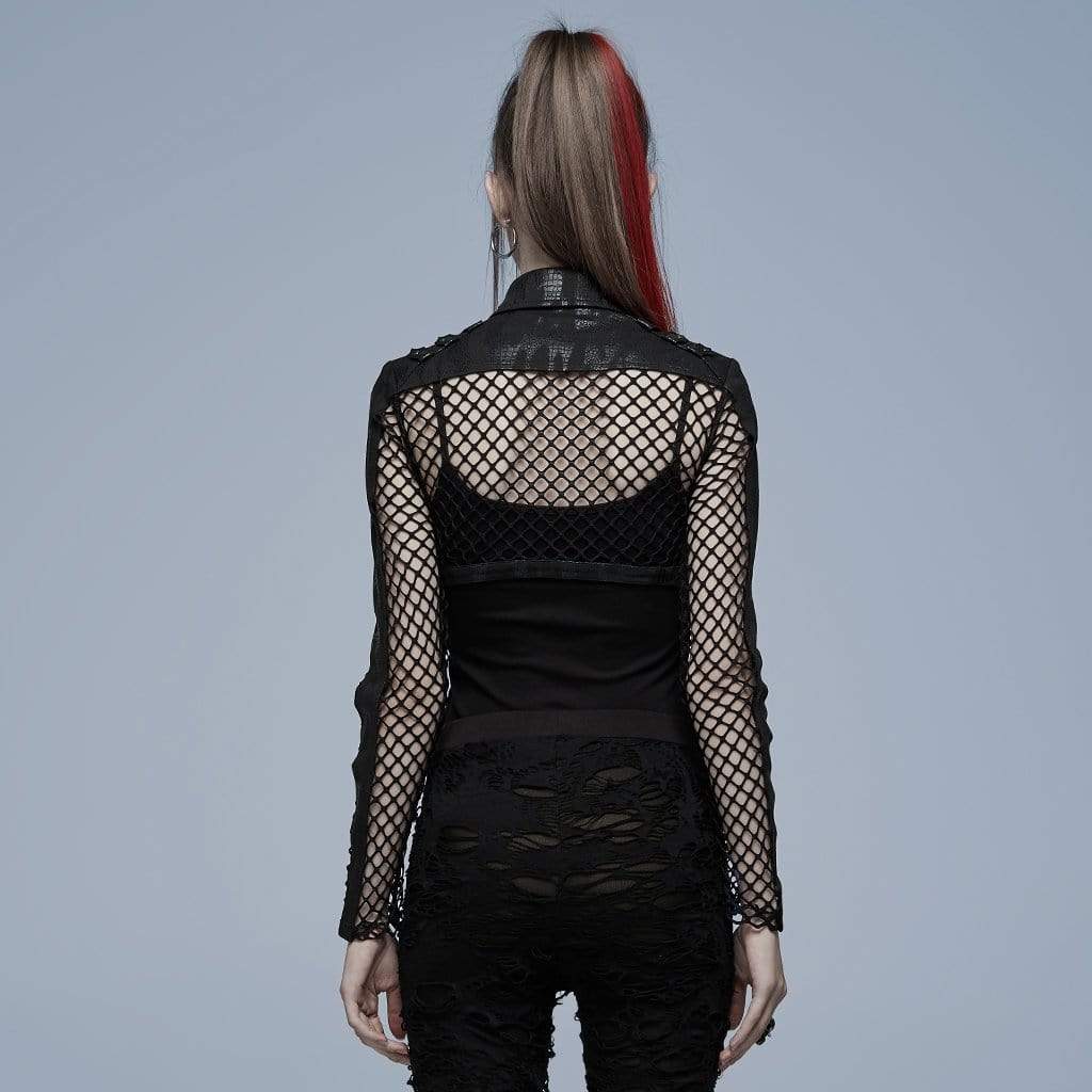 Punk Rave Women's Punk Turn-down Collar Mesh Splice Long Sleeved Crop Top