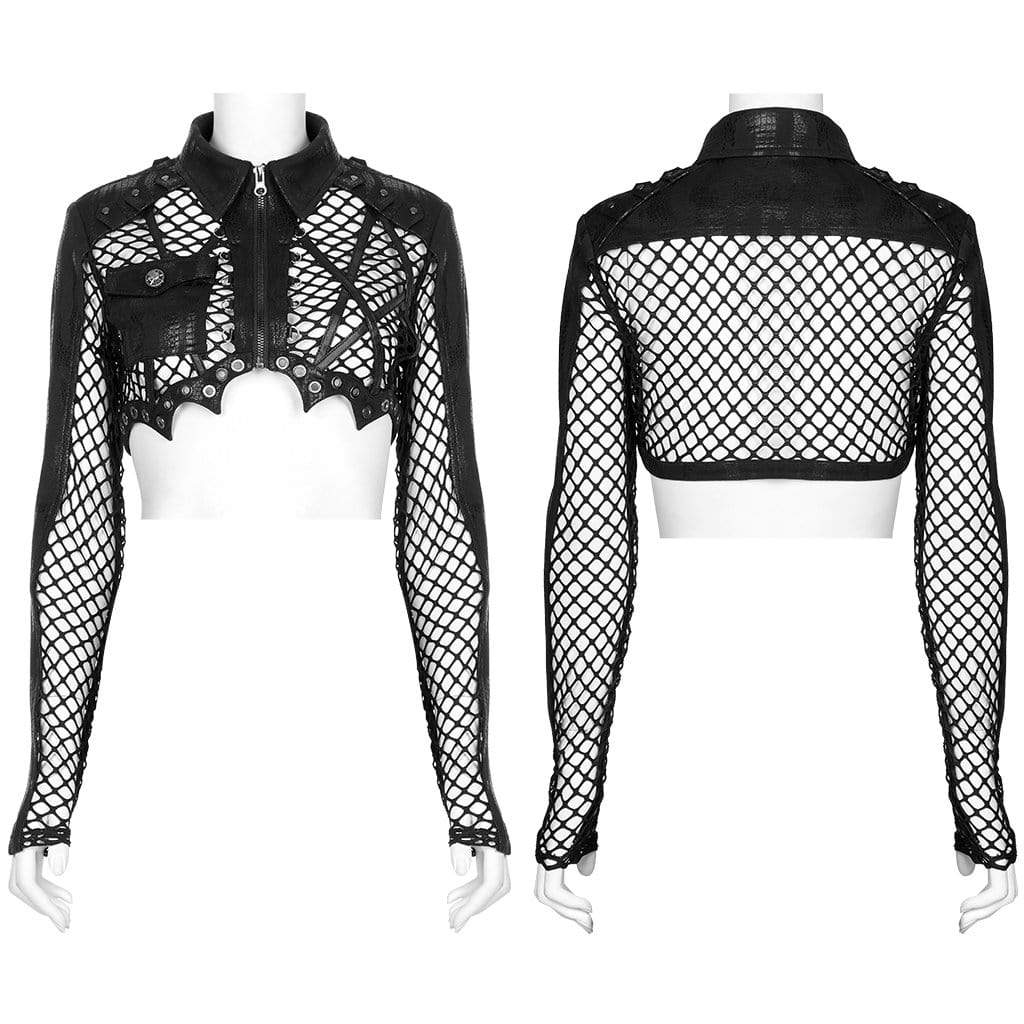 Punk Rave Women's Punk Turn-down Collar Mesh Splice Long Sleeved Crop Top