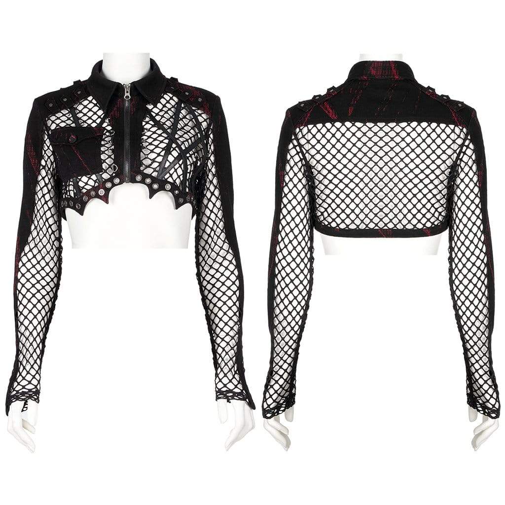 Punk Rave Women's Punk Turn-down Collar Zipper Long Sleeved Crop Top