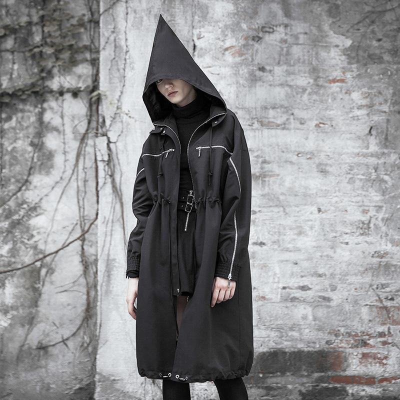 Women's Punk Turn-down Collar Zipper Strappy Hooded Coat