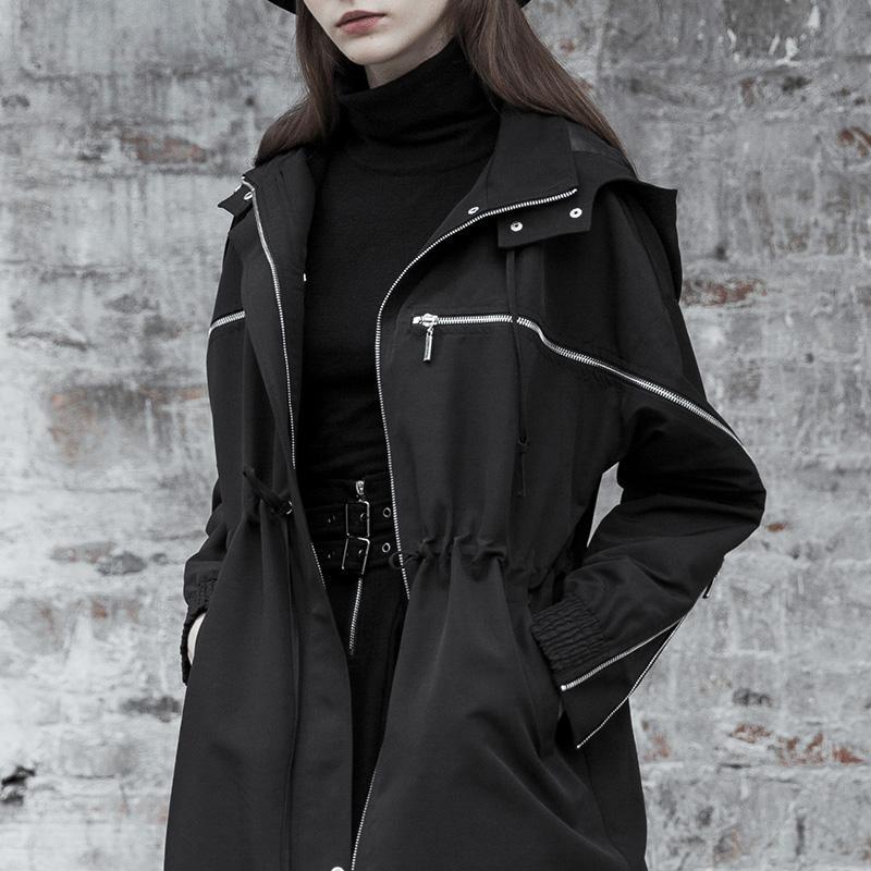 Women's Punk Turn-down Collar Zipper Strappy Hooded Coat