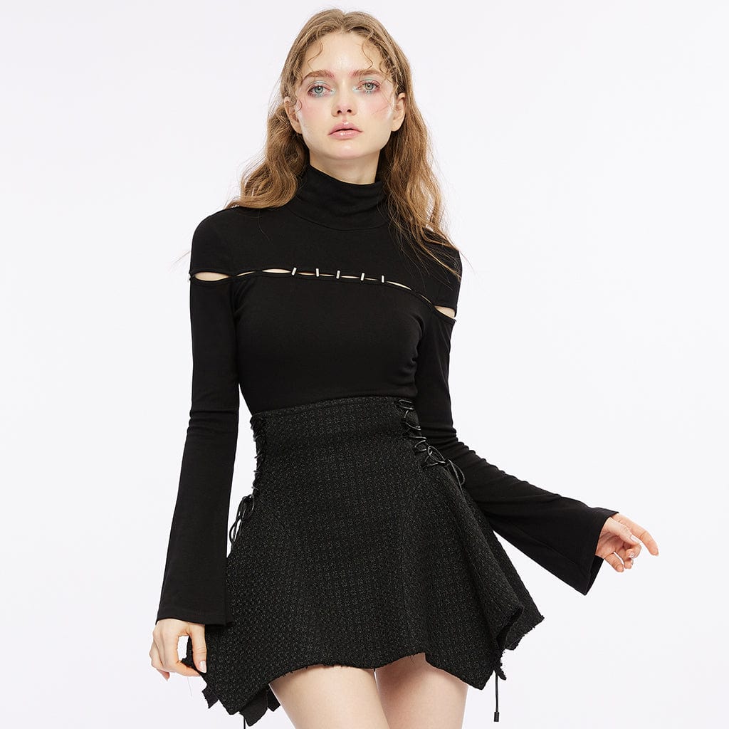 PUNK RAVE Women's Punk Turtleneck Cutout Crop Top